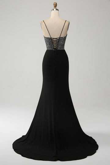 Mermaid Black Spaghetti Straps  Long Corset Prom Dress with Slit